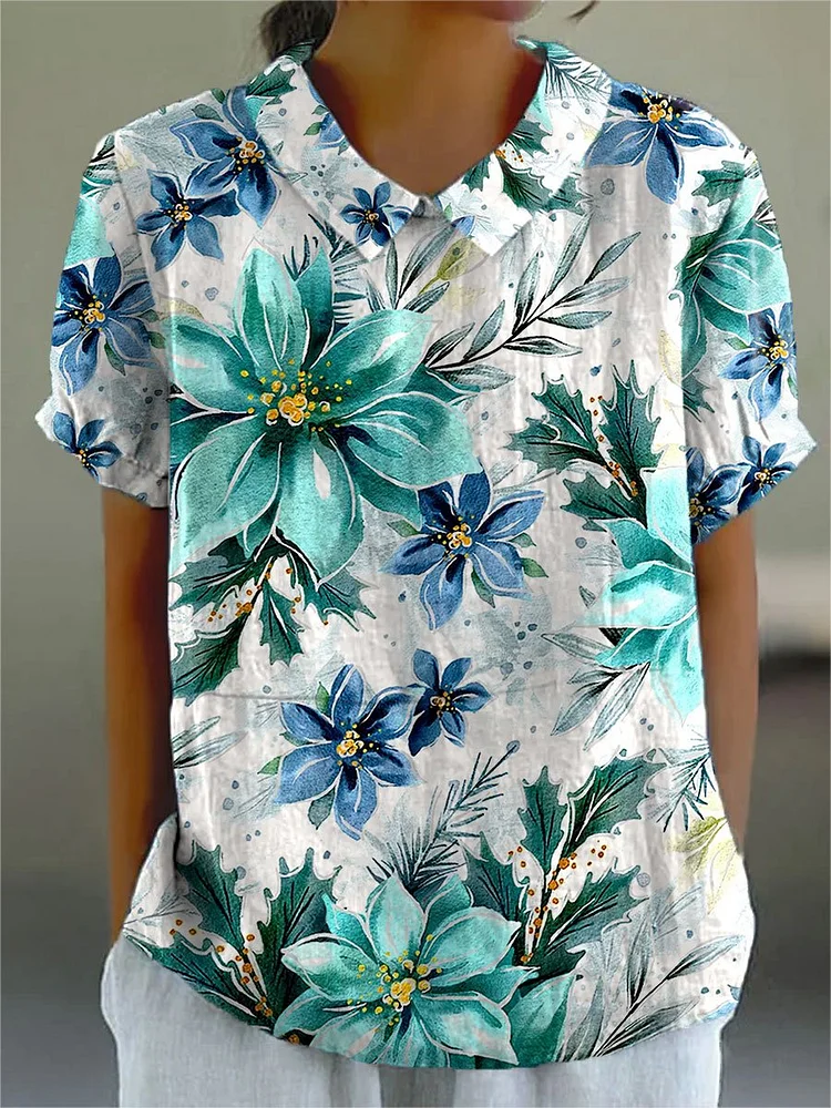 Women's Vintage Flower Print Casual Cotton And Linen Shirt