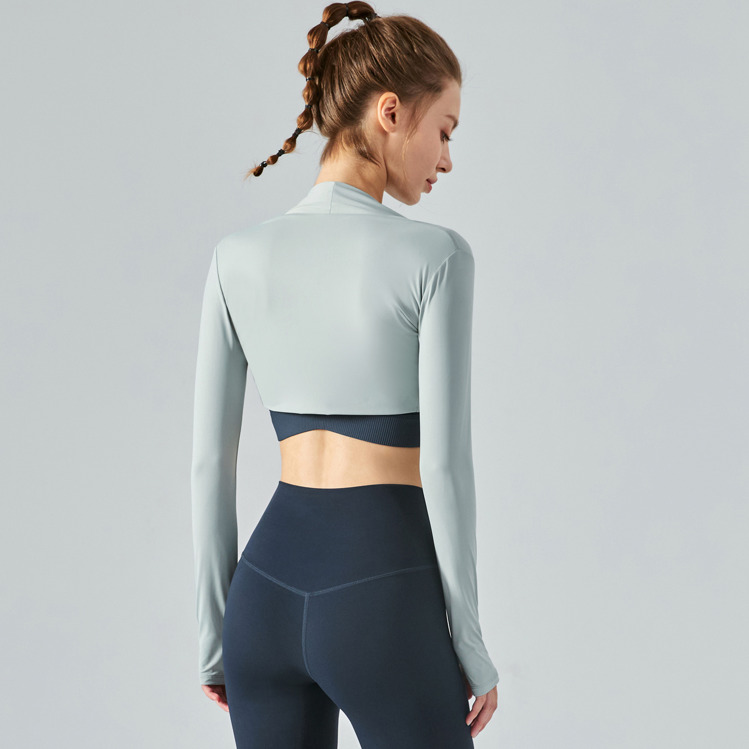 Hergymclothing Blue Gray long sleeve crop sunscreen waistcoat thin running jacket with thumb holes for sale