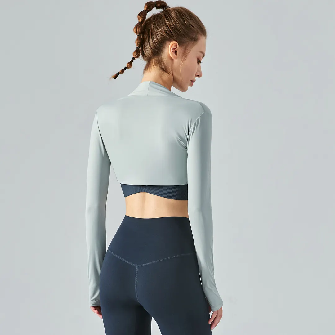 Hergymclothing Blue Gray long sleeve crop sunscreen waistcoat thin running jacket with thumb holes for sale