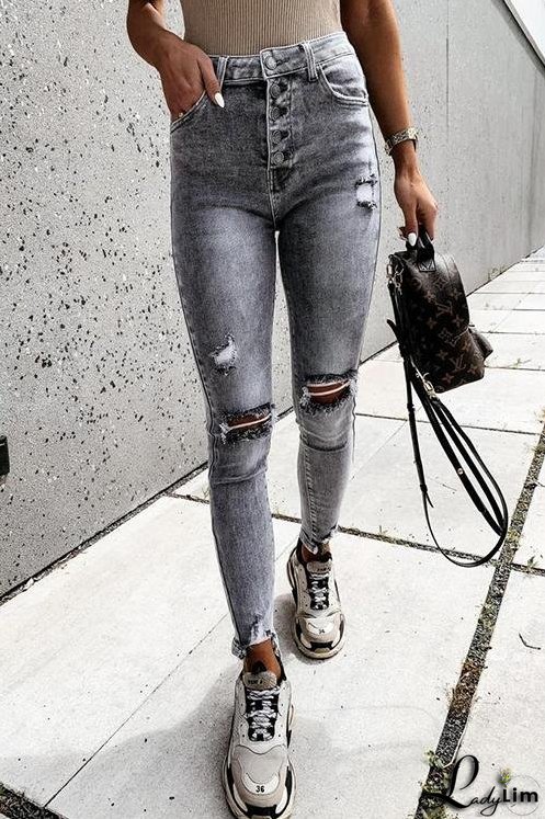 Grey Ripped High Waist Skinny Jeans