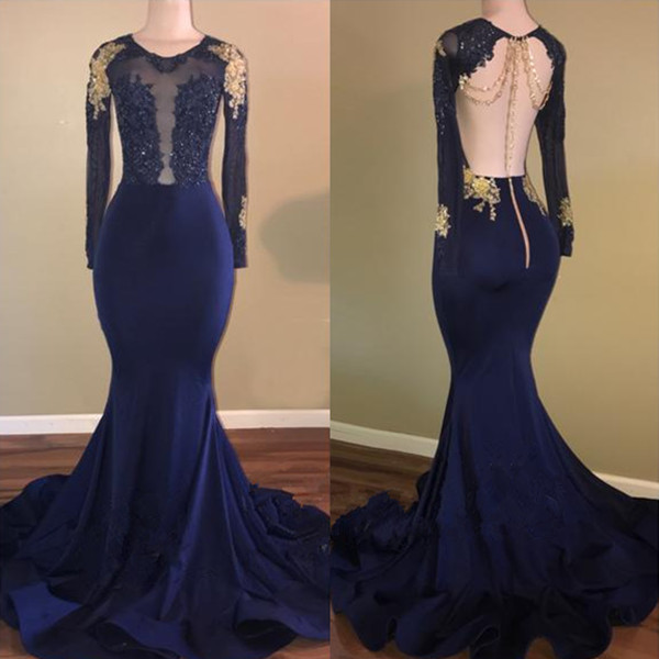Bellasprom Navy Blue Mermaid Prom Dress With Lace Appliques Long Sleeves