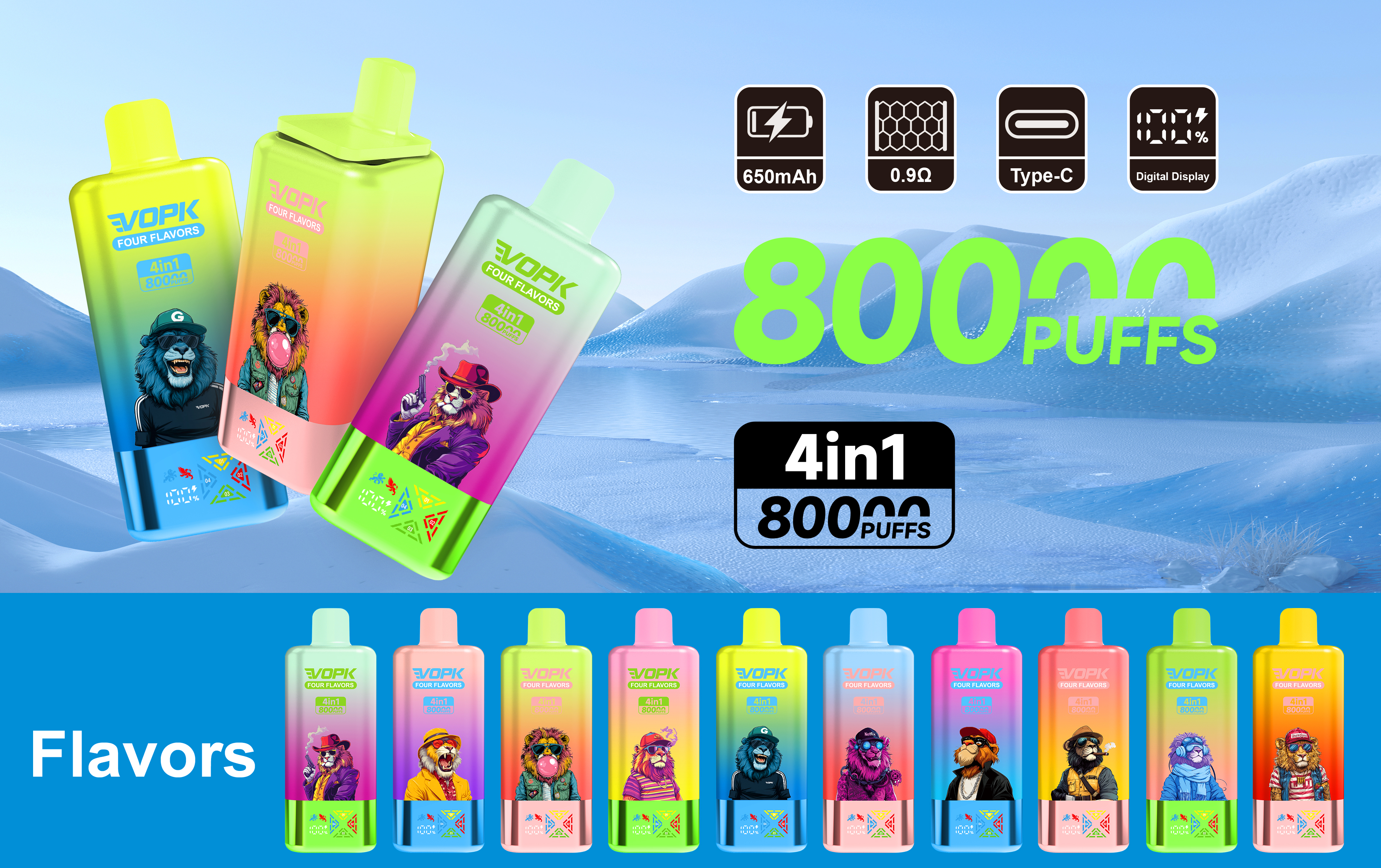 vopk 4 in 1 80k rechargeable disposable vape Watermelon ice & Triple melon ice & Blue razz ice & Strawberry ice cream