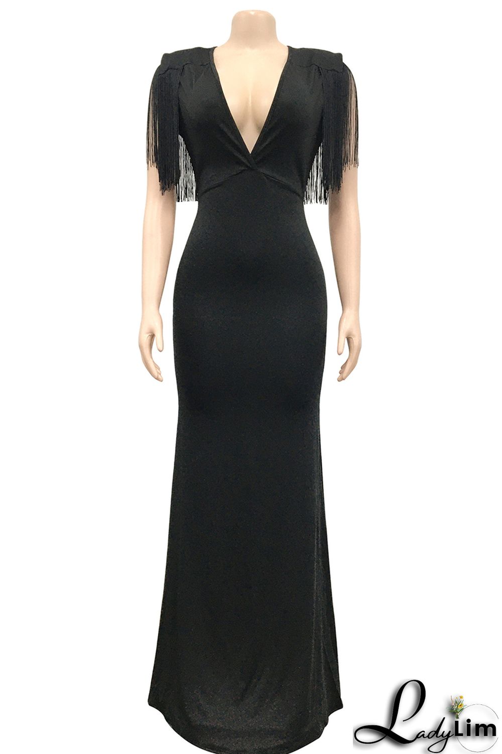 Red Fashion Sexy Solid Tassel Patchwork V Neck Long Dress