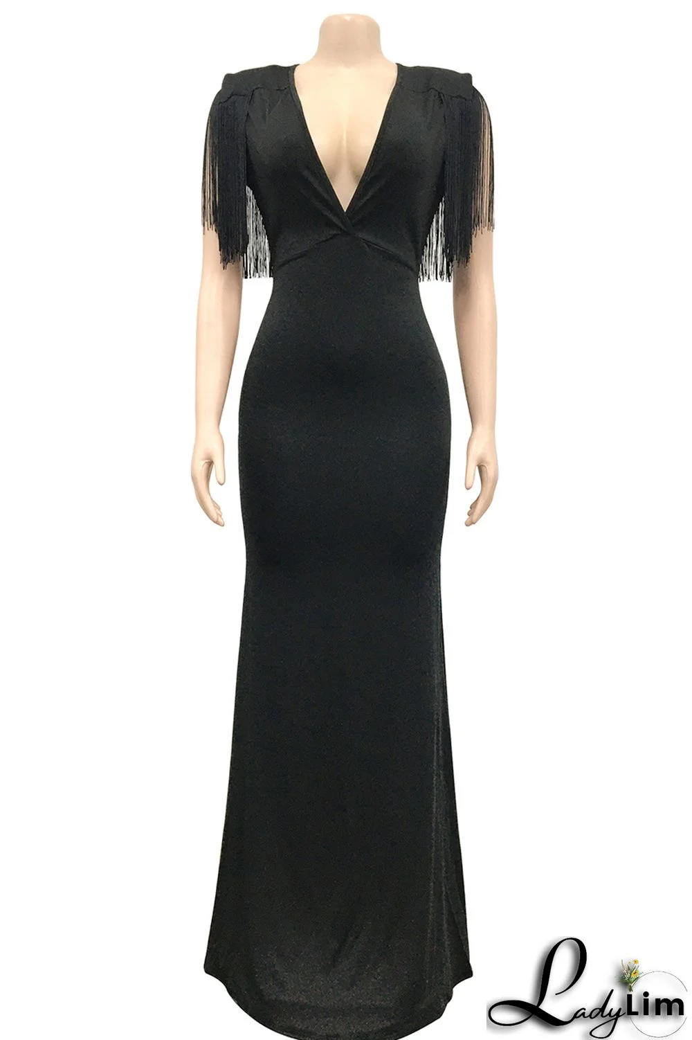 Red Fashion Sexy Solid Tassel Patchwork V Neck Long Dress