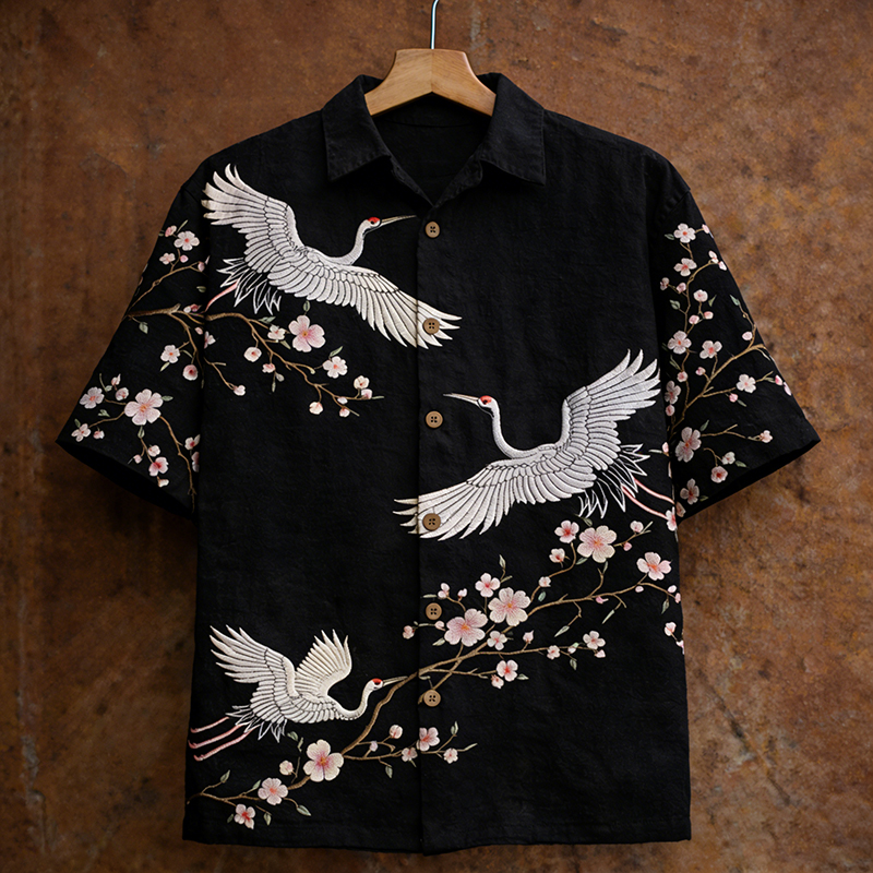 Men's Japanese-style Cherry Blossoms And Cranes Art Linen Short-sleeved Shirt  artssus