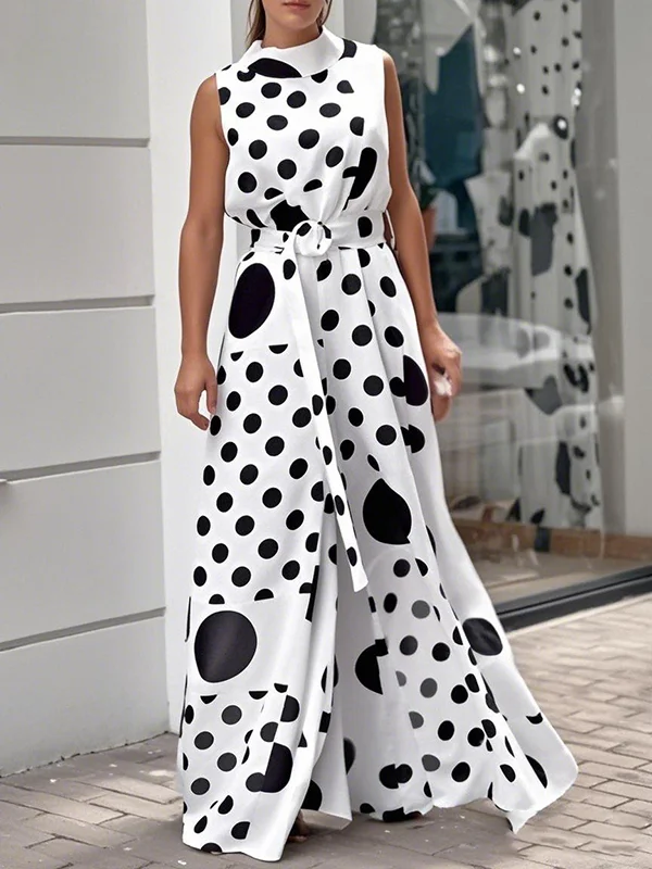Polka-Dot Wide Leg Sleeveless Mock Neck Jumpsuits