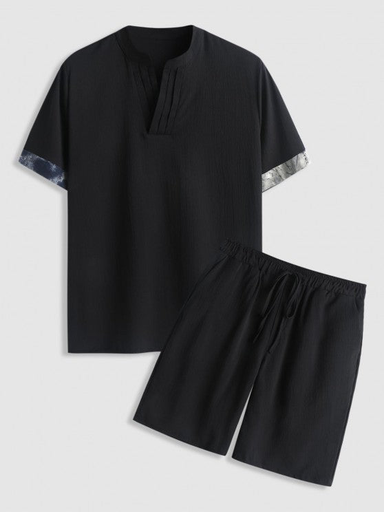 Printed  Short Sleeves Top And Drawstring Pockets Shorts Set