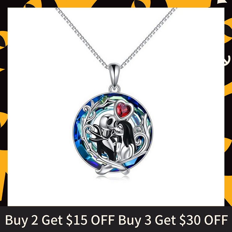 For Love - S925 True Love Never Dies Nightmare Jack and Sally Blue Circle Crystal Necklace