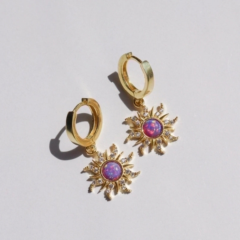 Copper Gold Plated Casual Minimalist Inlay Sun Artificial Opal Zircon Rings Earrings Necklace