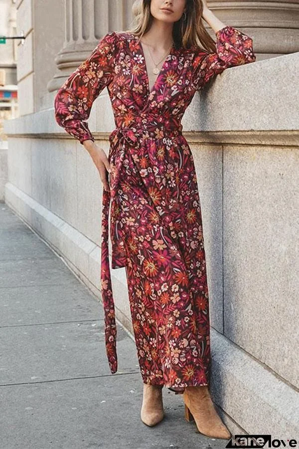 Wrap V Neck Printed Long Kimono Dress