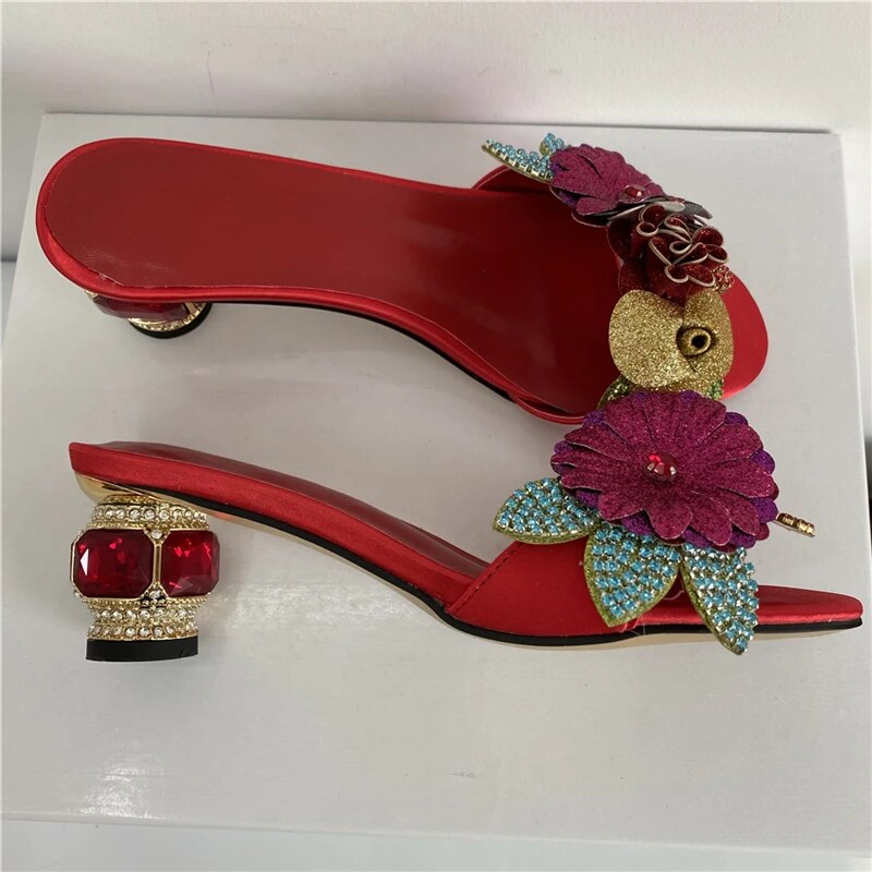 VCSHOES Bling Sequins Crystal Flower Sandals Women Diamond Rhinestone Heel Slingbacks Satin Mules For Girls