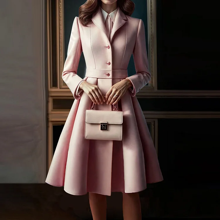 Ursime Formal Lapel Collar Button Long Sleeve Coat Midi Dress