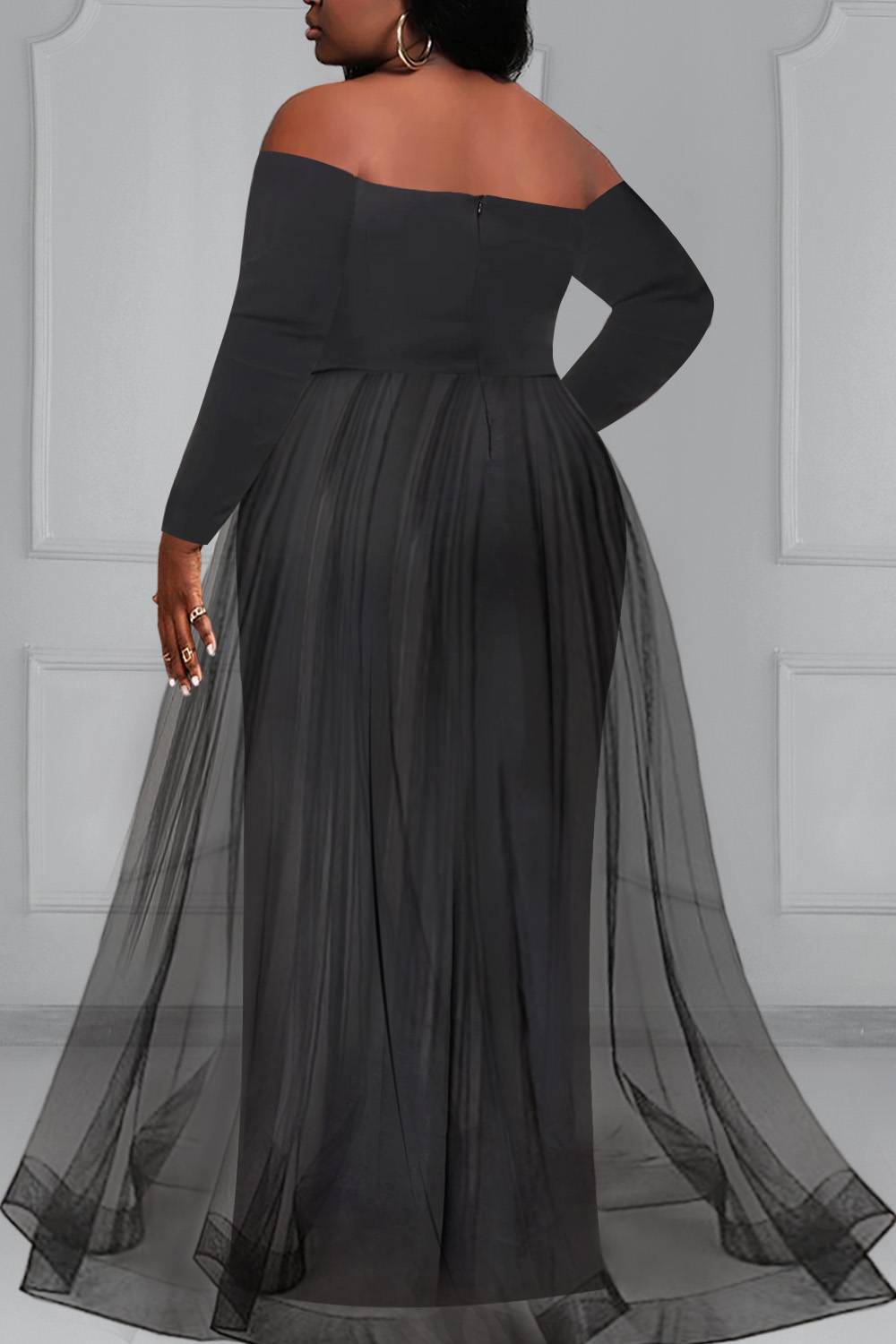Plus Size Formal Dress Black Mesh Off The Shoulder Tulle Long Sleeve Sequin Knitted Maxi Dress
