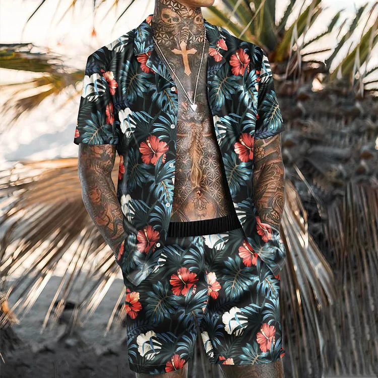 Men Floral Print Casual Beach Swimwear Two-Piece Swimsuits