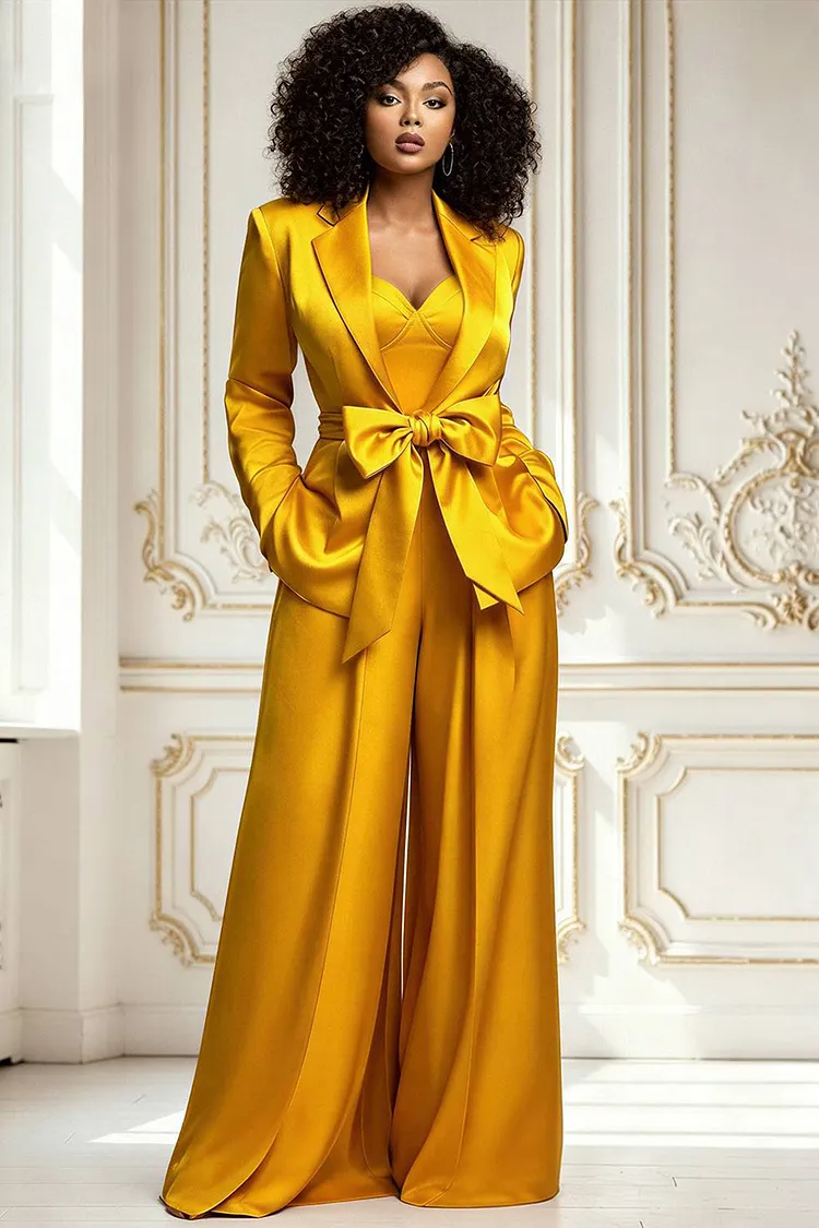 Xpluswear Design Plus Size Formal Gold Turndown Collar Long Sleeve Pull-On Waist Pocket Satin Two Piece Pant Suits [Pre-Order] 2024 - Xpluswear