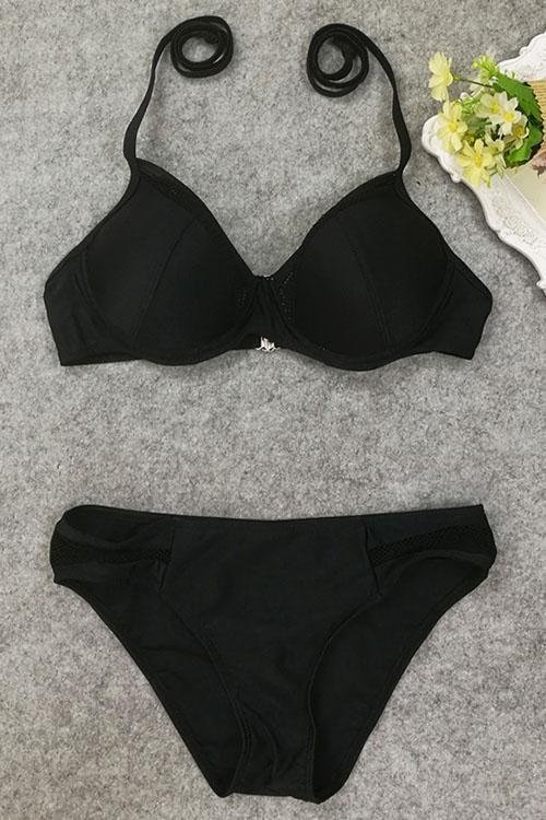 Black Halter Mesh Sexy Push Up Bikini Swimsuit-elleschic