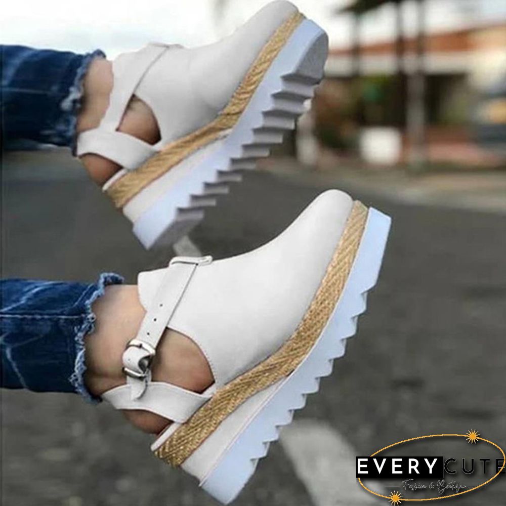 Summer Womens Sweet High Heel Wedge Platform Sandals Metal Button Shoes