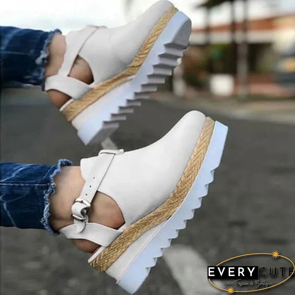 Summer Womens Sweet High Heel Wedge Platform Sandals Metal Button Shoes