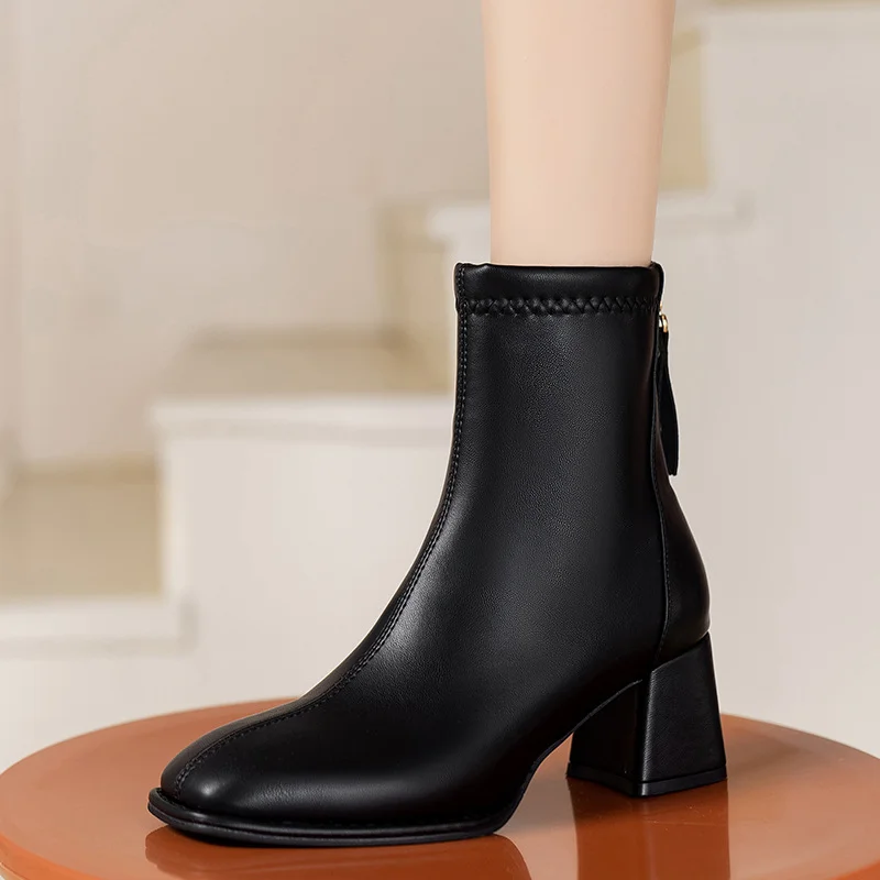 Churchf Churchf Velvet Thick Heel Short Boots Women 2023 New High Heel Fashion Boots Women's Rear Zipper Leather Boots Square Head Fashion Women's Boots