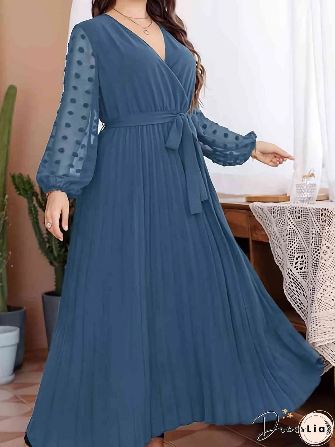 Plus Size Swiss Dot Tie Waist Maxi Dress