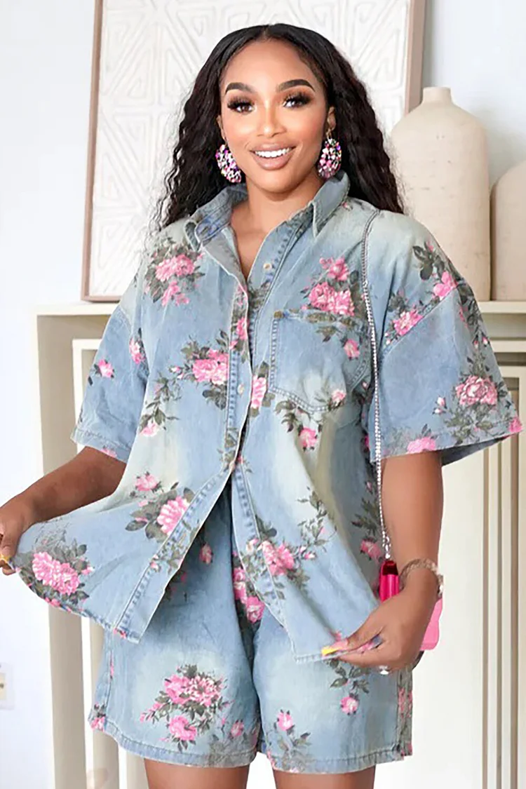 Floral Pattern Denim Short Sleeve Blouse Casual Shorts 2pcs Set-Blue