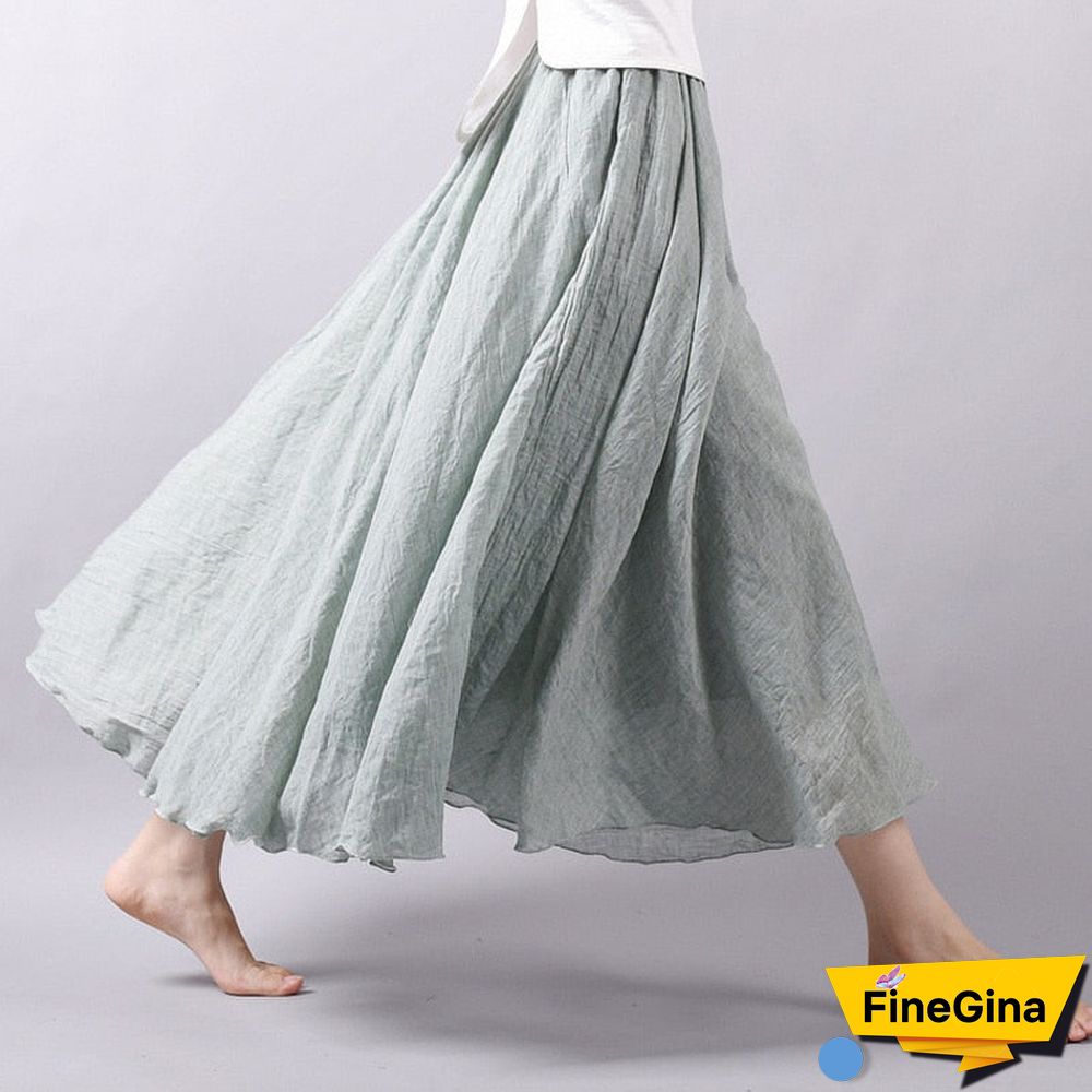 Women Linen Cotton Long Skirts Elastic Waist Pleated Maxi Skirts Beach Boho Vintage Summer Skirts Faldas Saia