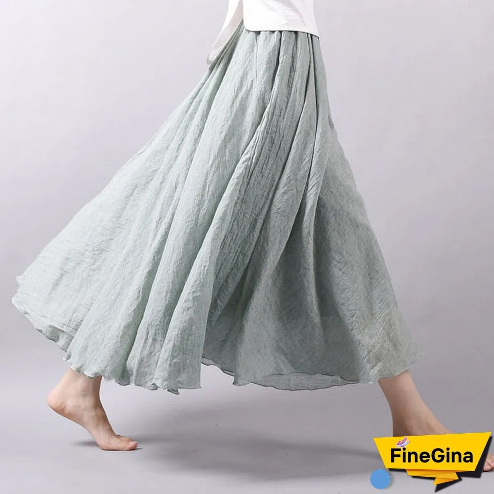 Women Linen Cotton Long Skirts Elastic Waist Pleated Maxi Skirts Beach Boho Vintage Summer Skirts Faldas Saia