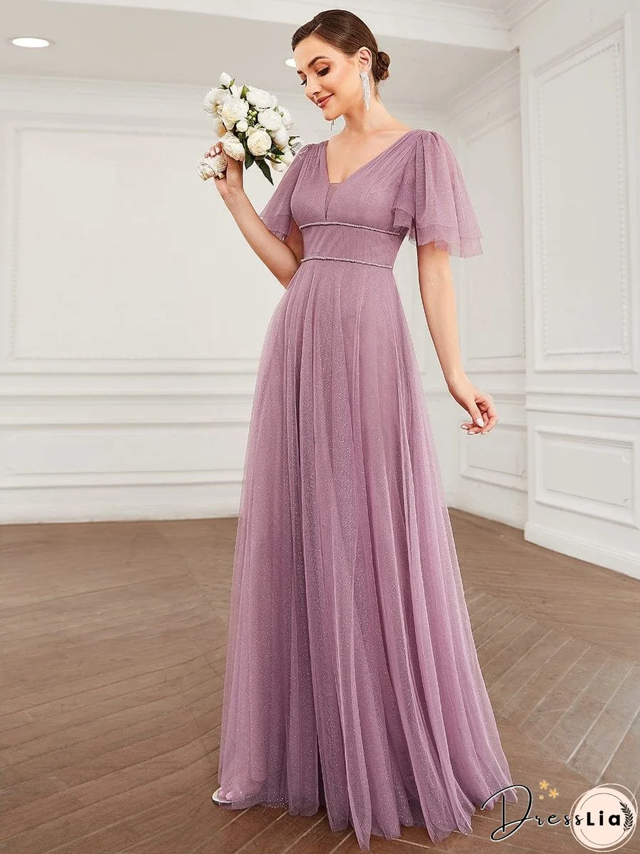 Elegant Golden Stamped Ruffle Sleeve Evening Gown