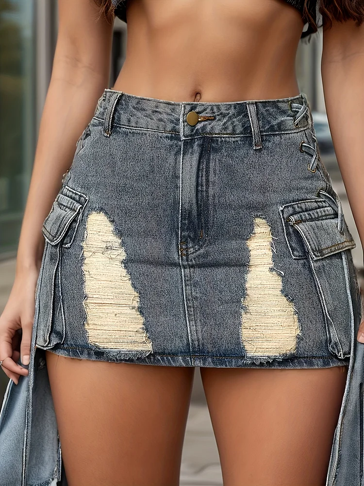 Vintage Distressed Denim Mini Skirt With Side Pockets & Tie Waist - Slim Fit Mid-Rise Machine Washable Pencil Skirt For Women, All-Season Casual To Dressy Outfits, Daily Commuting Wear, Retro Fashion Attire, Detailed Pocket Design