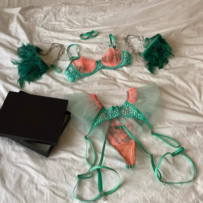 Billionm Feather Lingerie 4-Piece Luxury Lace Women Underwear Uncensored 18 Transparent Tulle Bra Garter Set Sensual Intimate