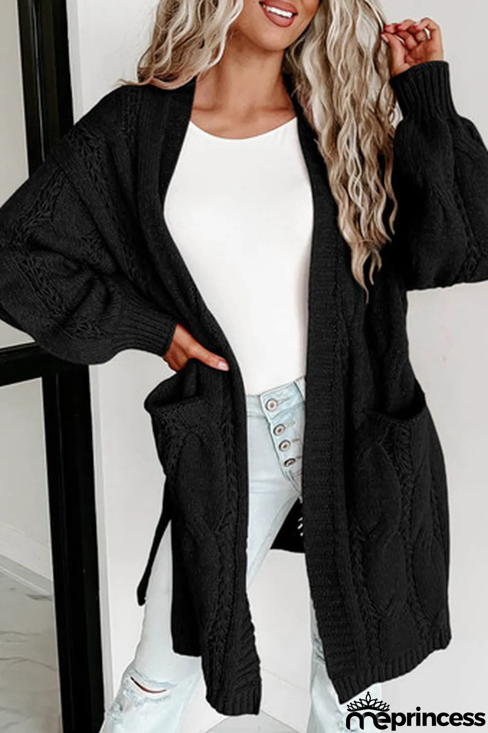 Black Ribbed Trim Eyelet Cable Knit Cardigan