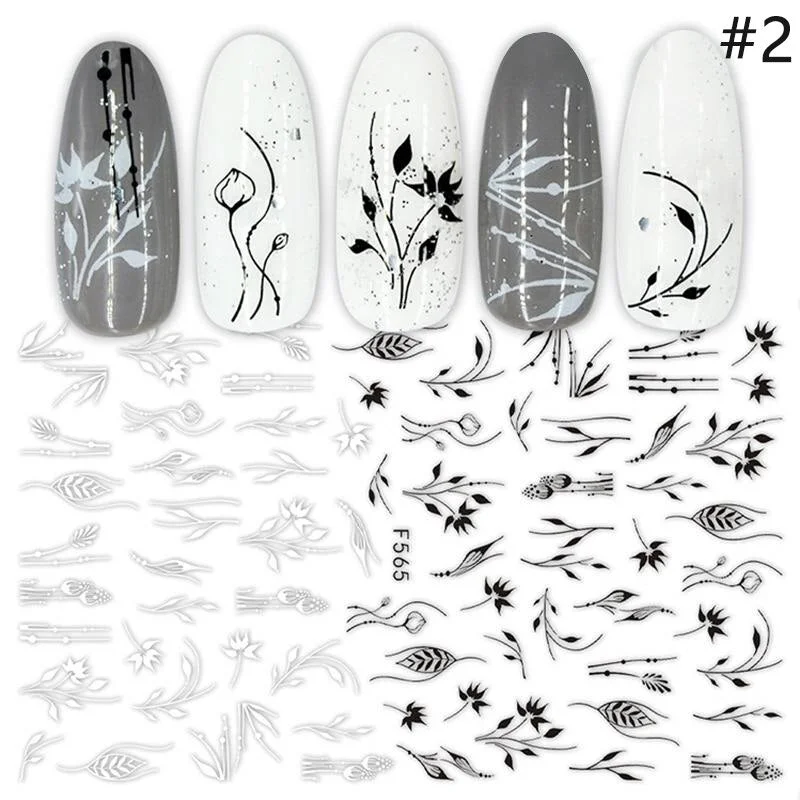 1 Sheet 3D Butterfly Nail Sticker Black Lines Flower Colorful Nail Transfer Foil Sliders Leaf Tree Summer Nail Art Decoration-Nail Inspo