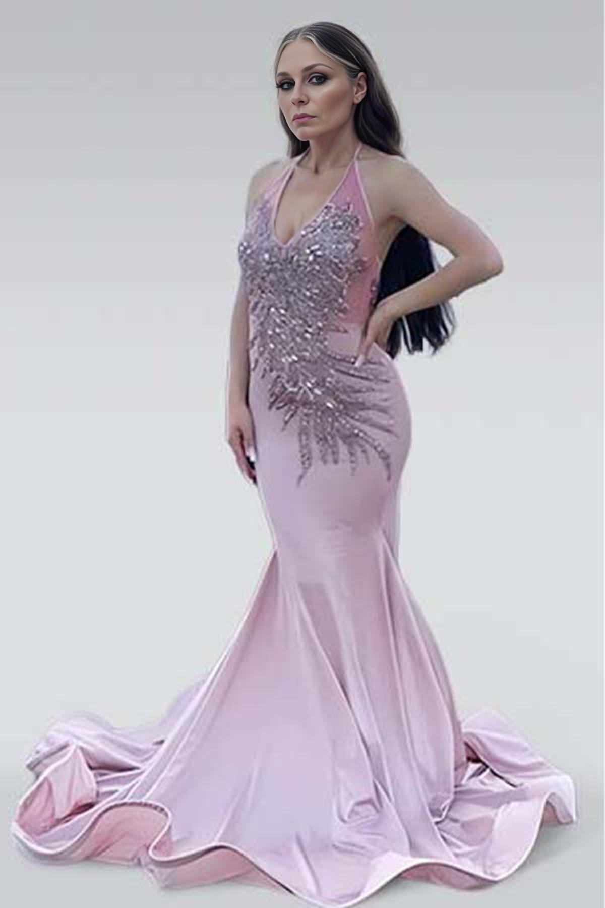  Fantasy Pink Evening Dress Sleeveless with Beadings Halter YL0097