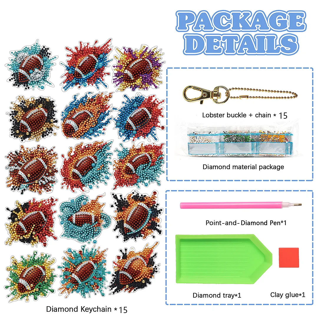 15Pcs Rugby DiY Double-Sided Diamond Art Keychain Ornaments Party Crafts Decor