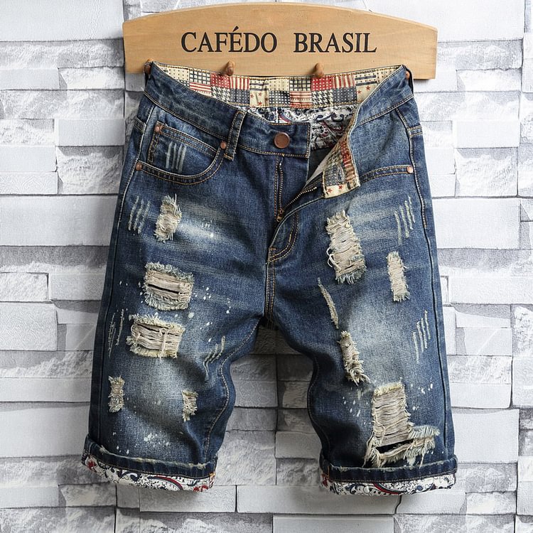 Men's Outdoor Motorcycle Check Panel Washed Denim Shorts
