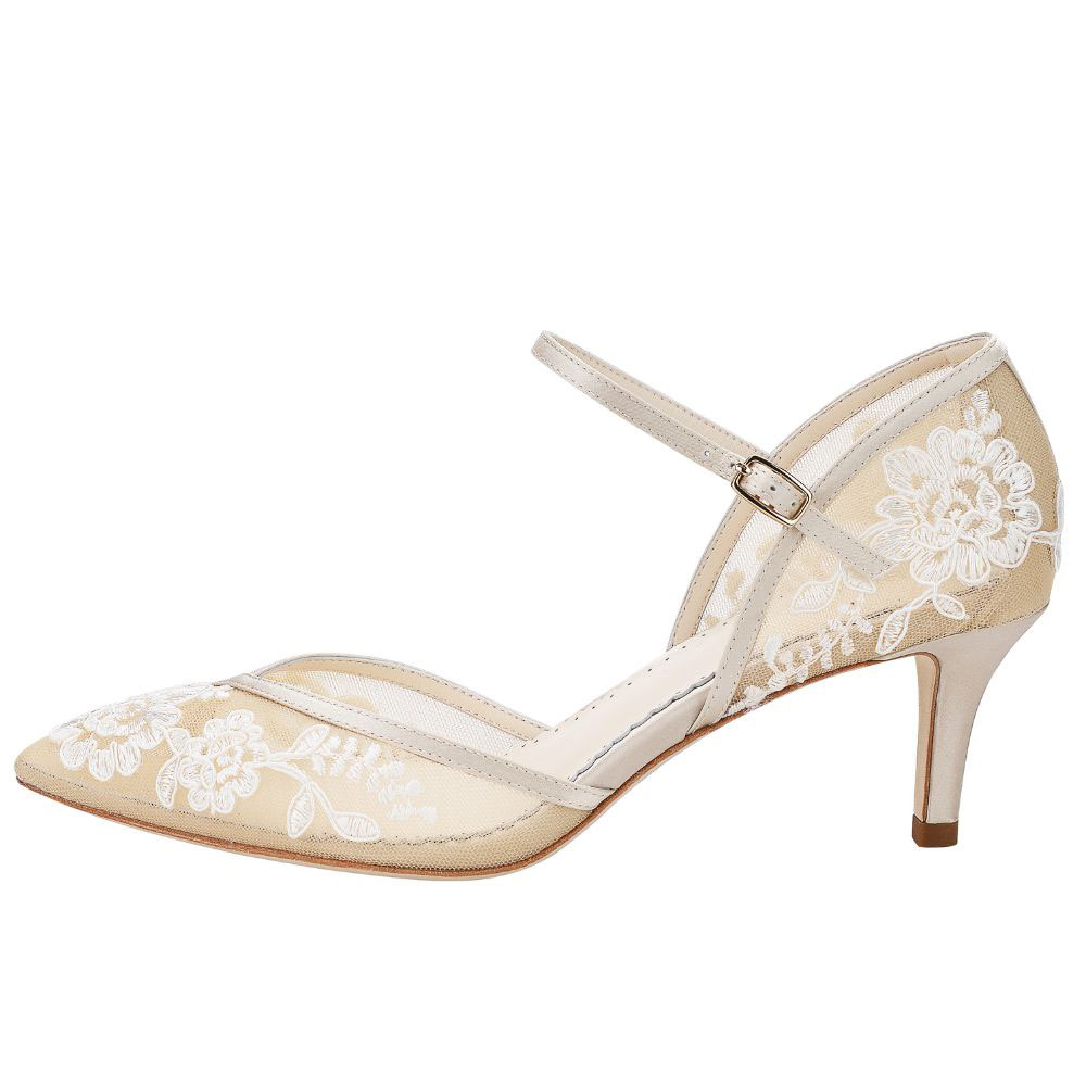 Nude Silk & Lace Pointed Toe Kitten Heel Embroidered Ankle Strap Pumps Nicepairs