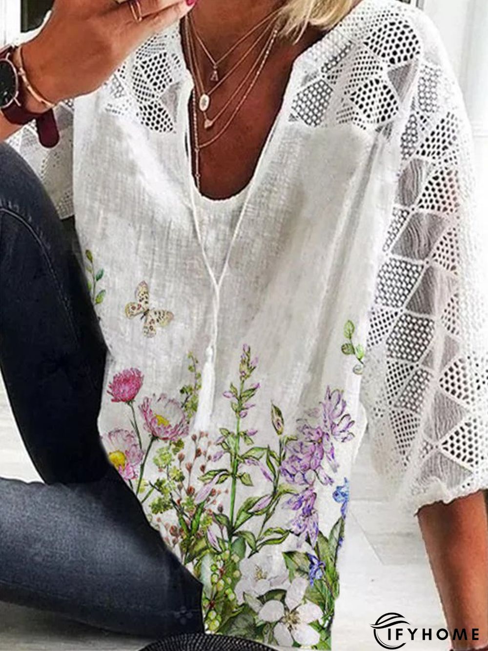 Floral-Print Casual V Neck 3/4 Sleeve T-shirt | IFYHOME
