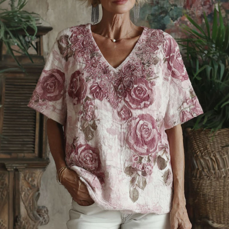 Women's Vintage Floral Print Linen Blend V-neck T-shirt elevenforest