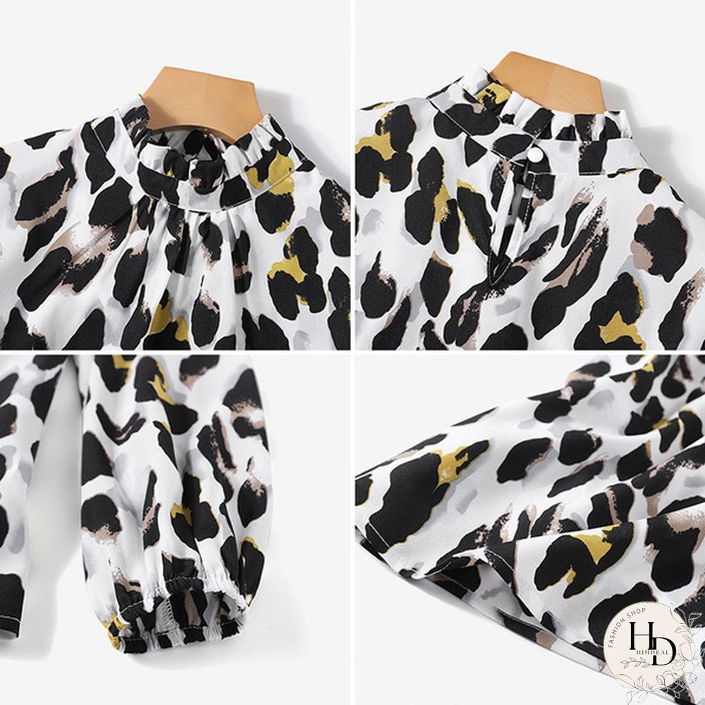 ZANZEA Women Leopard Print Blouse Spring Summer Long Puff Sleeve Tops Casual Loose Turtleneck Oversized