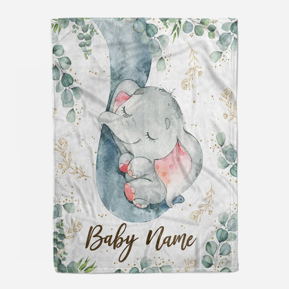 Baby Elephant Blanket, Personalized Baby Name Blanket Bodysuit and Bib Set