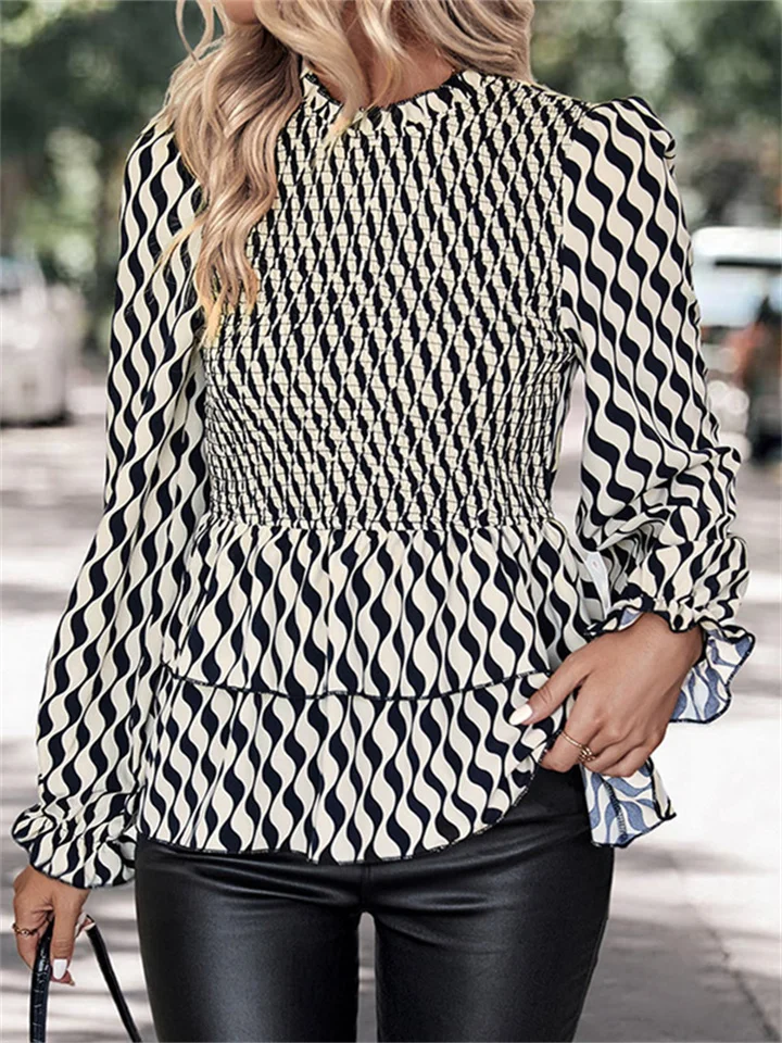 Autumn Shirt Mid-collar Black and White Striped Women's Shirt Flared Sleeve Temperament Women's Clothing