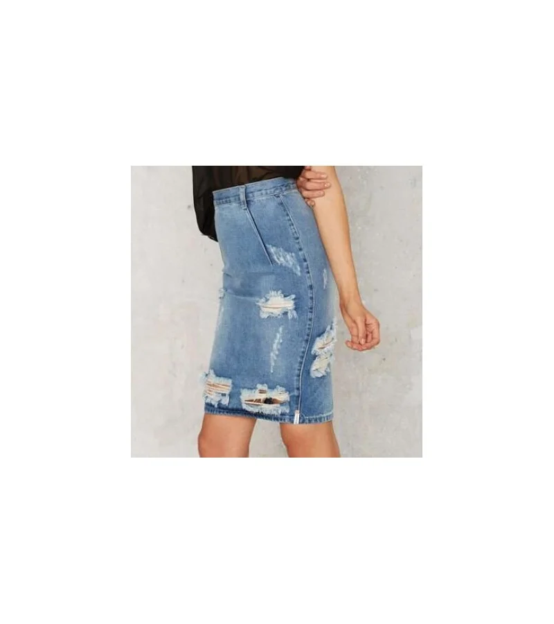 Women Fashion Ripped Design High-waisted Tight Denim Skirt