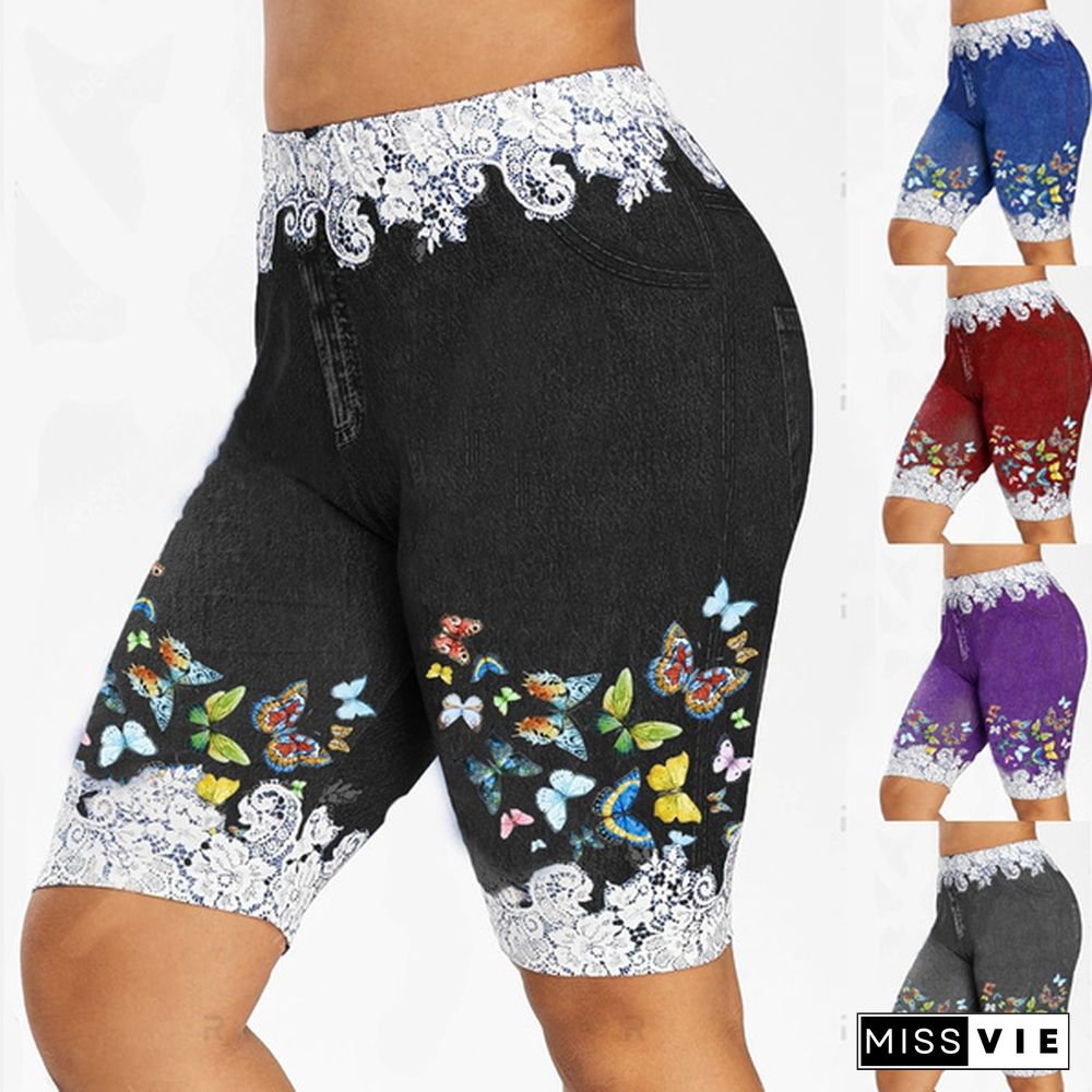 5 Colors Hot NEW Women's Fashion Plus Size Denim Leggings Summer Butterfly Printed Fitted Leggings Short Pants Plus Size S-5XL
