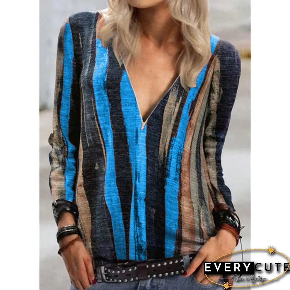 Womens Fashion Casual Zipper Long Sleeve Blouse Ladies Female Printing Loose Shirt Plus