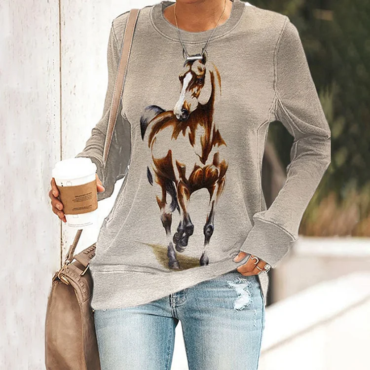 Western Horse Print Round Neck Long Sleeve Sweatshirt