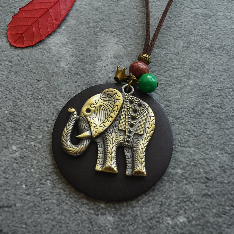 Vintage Art Wood Chip Bronze Elephant Necklace