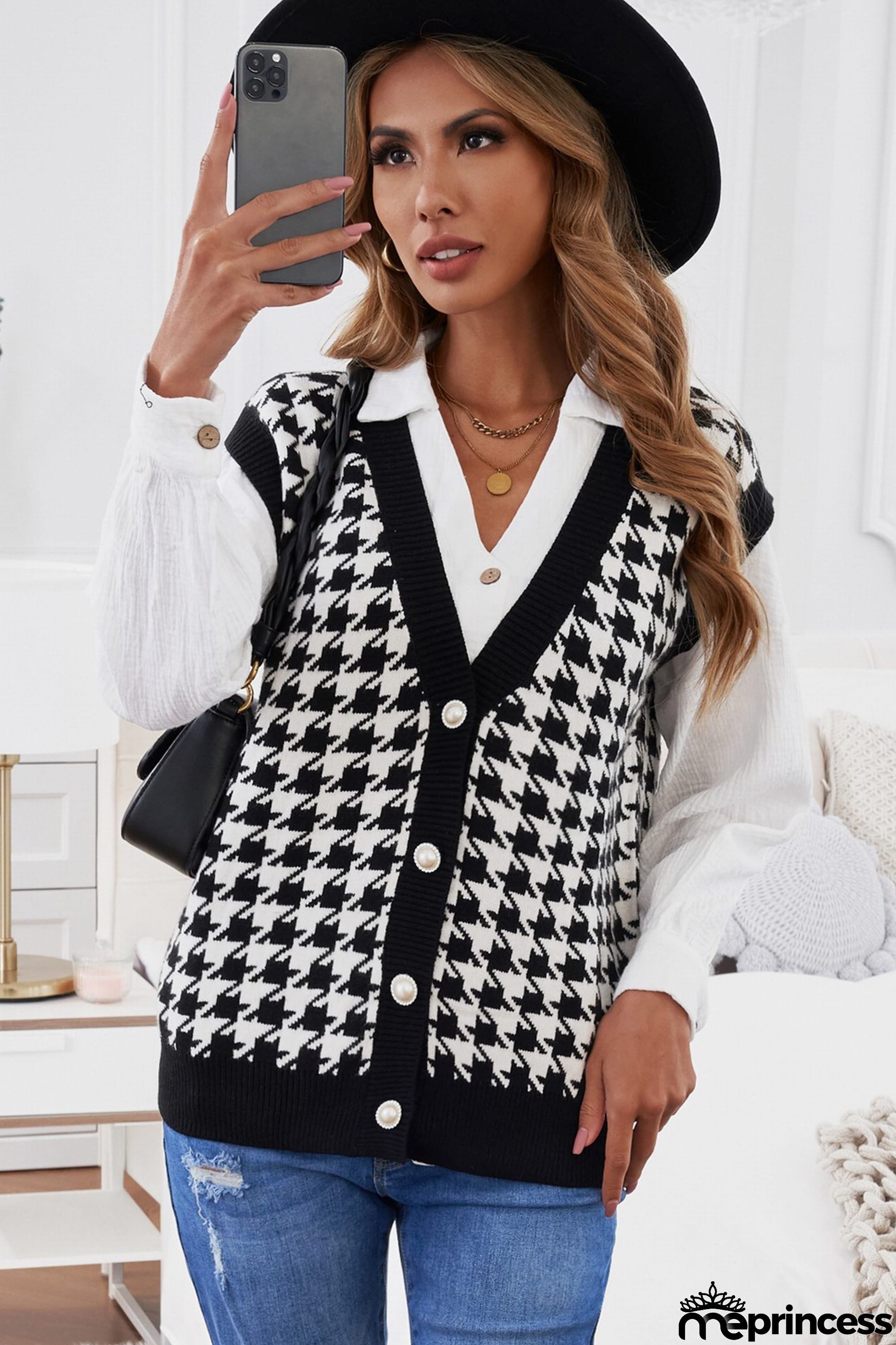 Black Houndstooth Knitted Vest