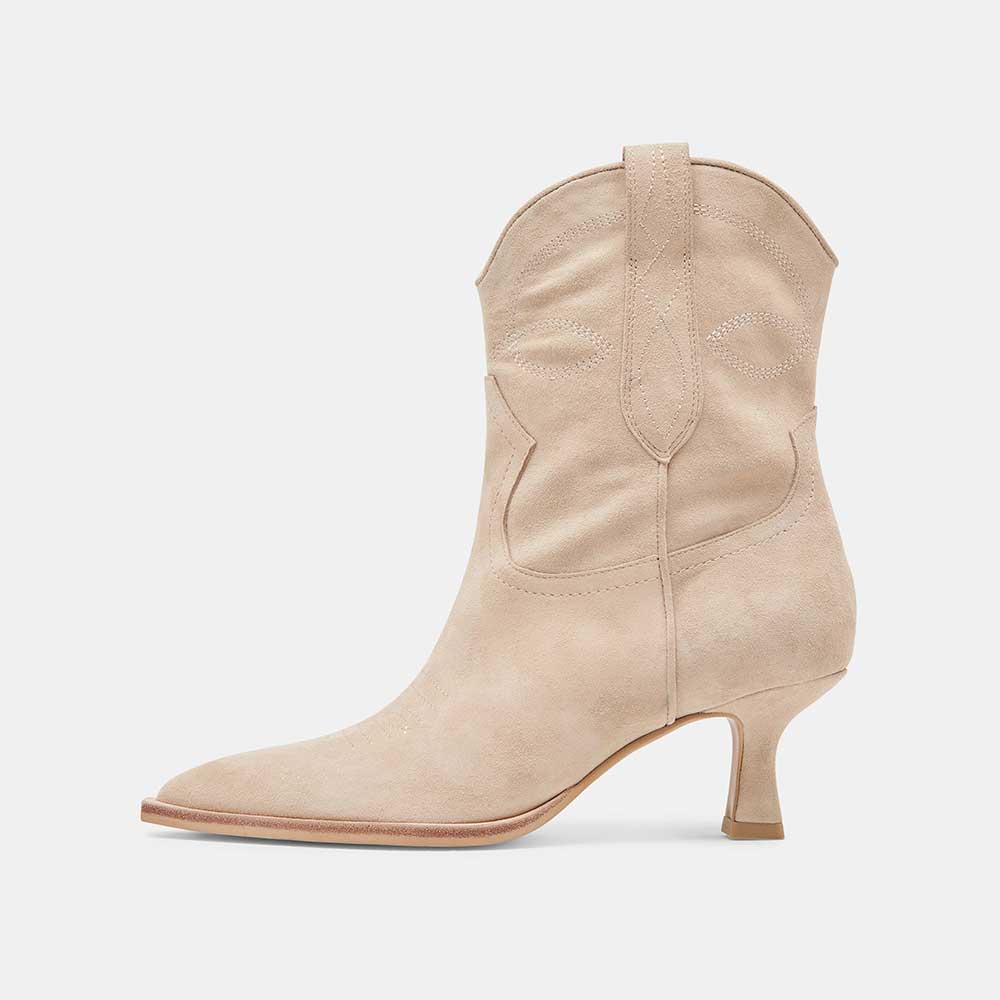 Beige Pointed Toe Kitten Heel Pull Tab Ankle Boots with Stitching Nicepairs