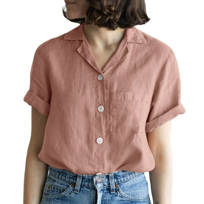 Uveng Shirt Solid Color Cotton Linen Pocket Blouses