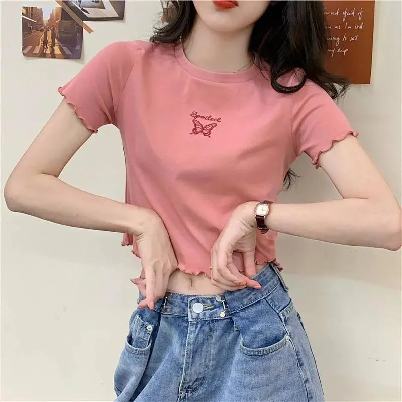 Uveng Uveng 2024 Summer High Waist Crop Short T-Shirt Women Slim And Thin Butterfly Embroidery Short-Sleeved Top Women